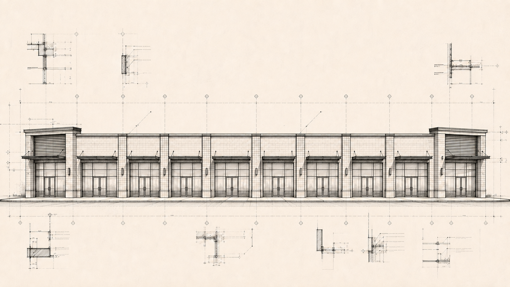Monochrome architectural elevation study of a modern ten-unit strip retail center