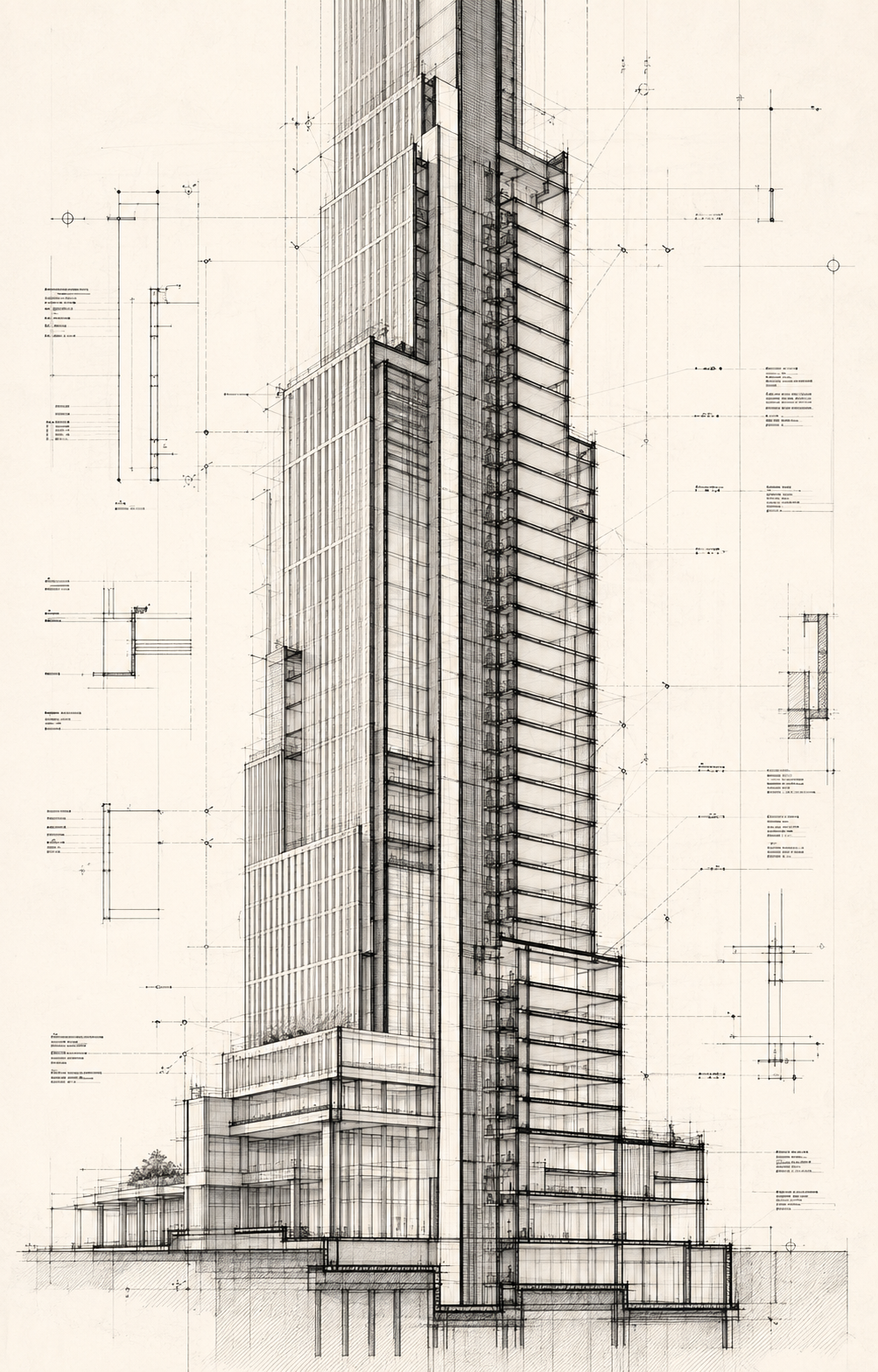 CAD section study of a modern high-rise tower
